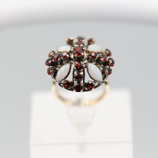 14k Gold Victorian Revival Red Garnet and Opal Cluster Ring - Size 7.5