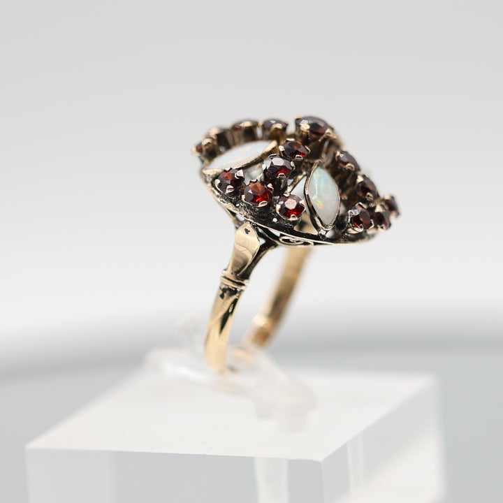 14k Gold Victorian Revival Red Garnet and Opal Cluster Ring - Size 7.25