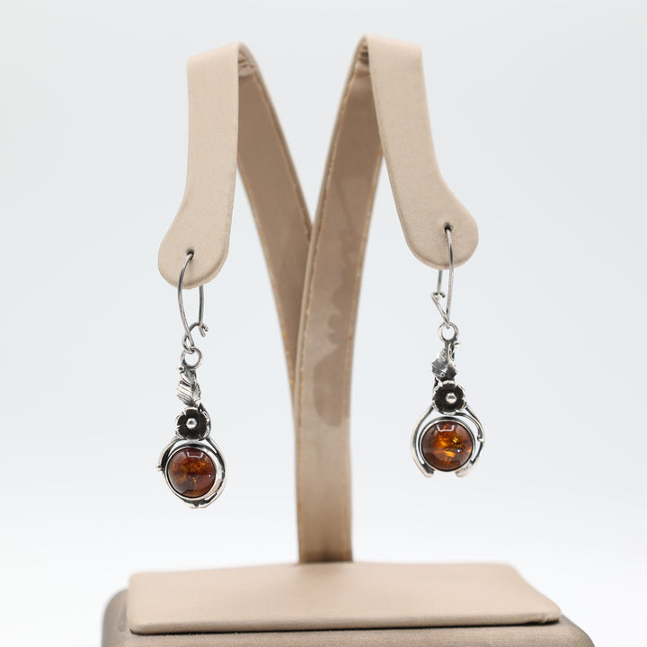 925 Sterling Silver Flower Dangle Earrings with Amber Gemstones
