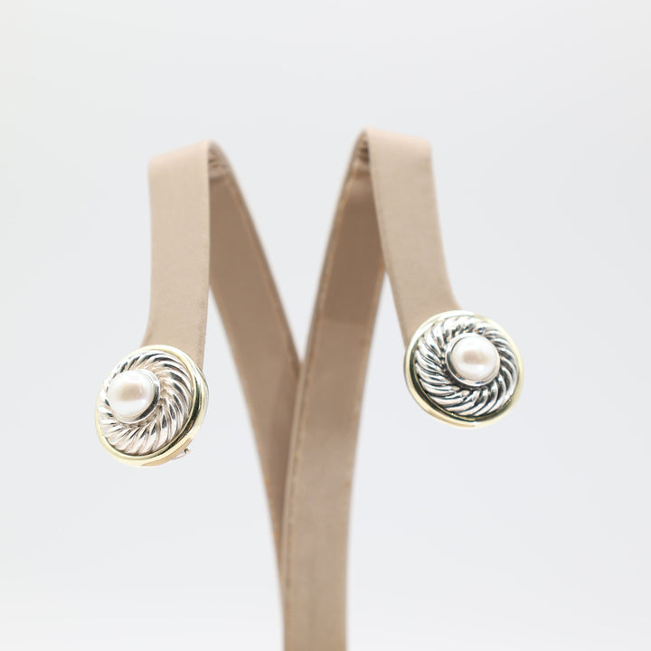 David Yurman Silver and Gold Round Cookie Pearl Stud Earrings 7mm