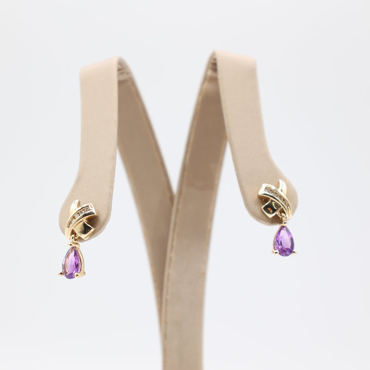 14k Yellow Gold X with Diamonds and Amethyst Dangle Earrings