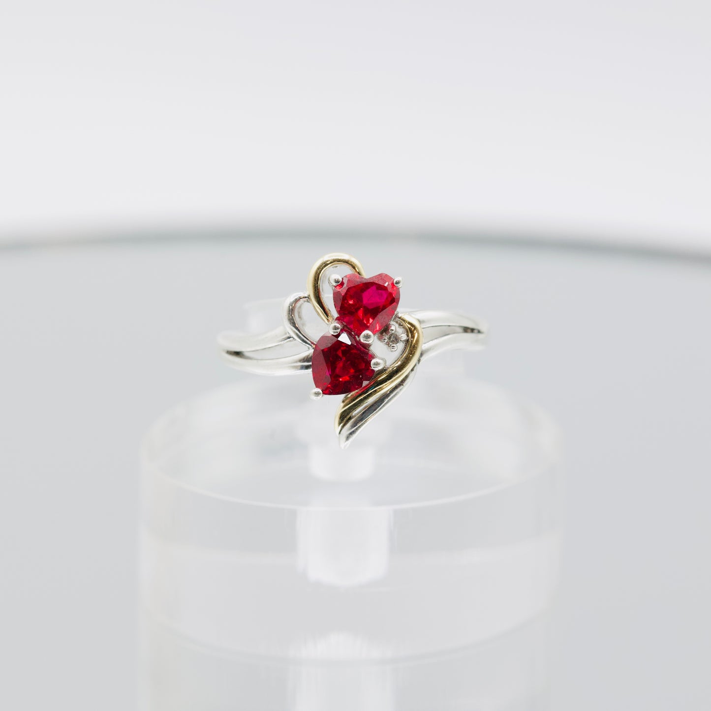 925 Sterling Silver Ruby Double Heart Ring with Gold Accents - Size 6.5