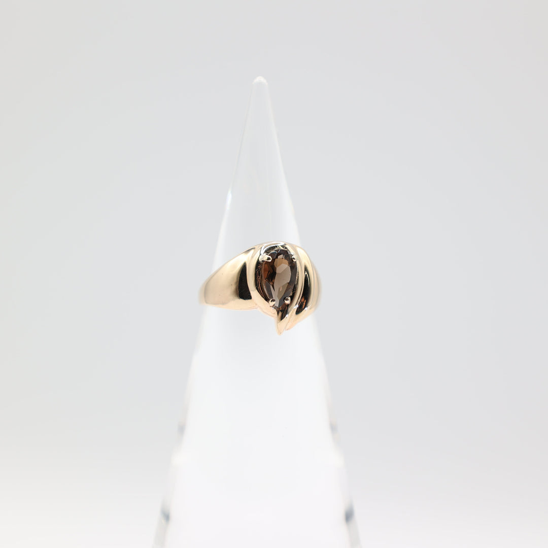 14k Yellow Gold Band with 10mm x 6mm Pear Shaped Smokey Quartz Ring Size 9.5