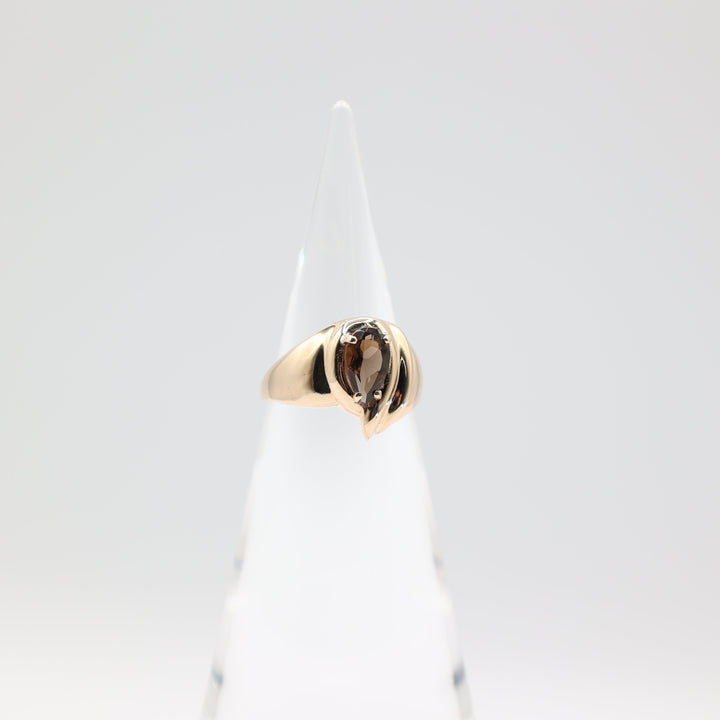 14k Yellow Gold Band with 10mm x 6mm Pear Shaped Smokey Quartz Ring Size 9.5