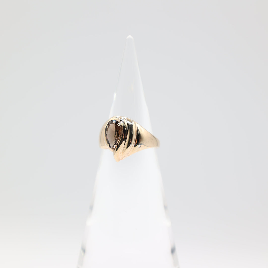 14k Yellow Gold Band with 10mm x 6mm Pear Shaped Smokey Quartz Ring Size 9.5
