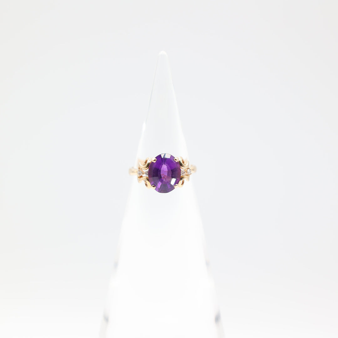 14k Yellow Gold Swirl Band with 11mm x 9mm Oval Purple Spinel Stone and Four Diamond Accents Ring Size 7
