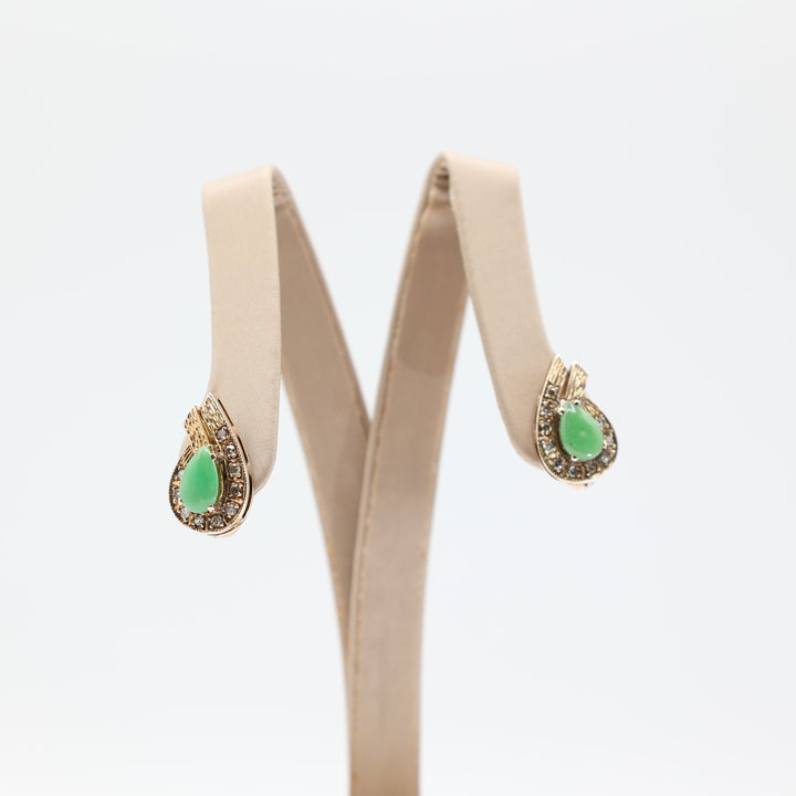 12k Yellow Gold Jade Teardrop with White Diamonds Earrings
