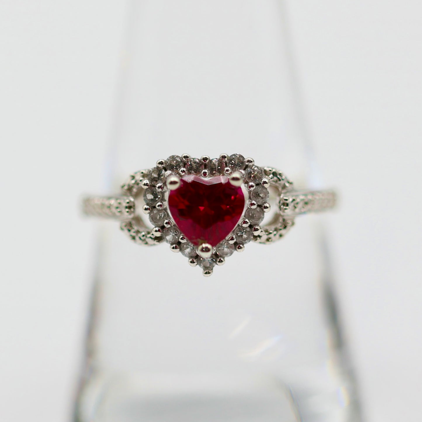 925 Sterling Silver Red Glass Stone and CZ Heart Ring - Size 8.5