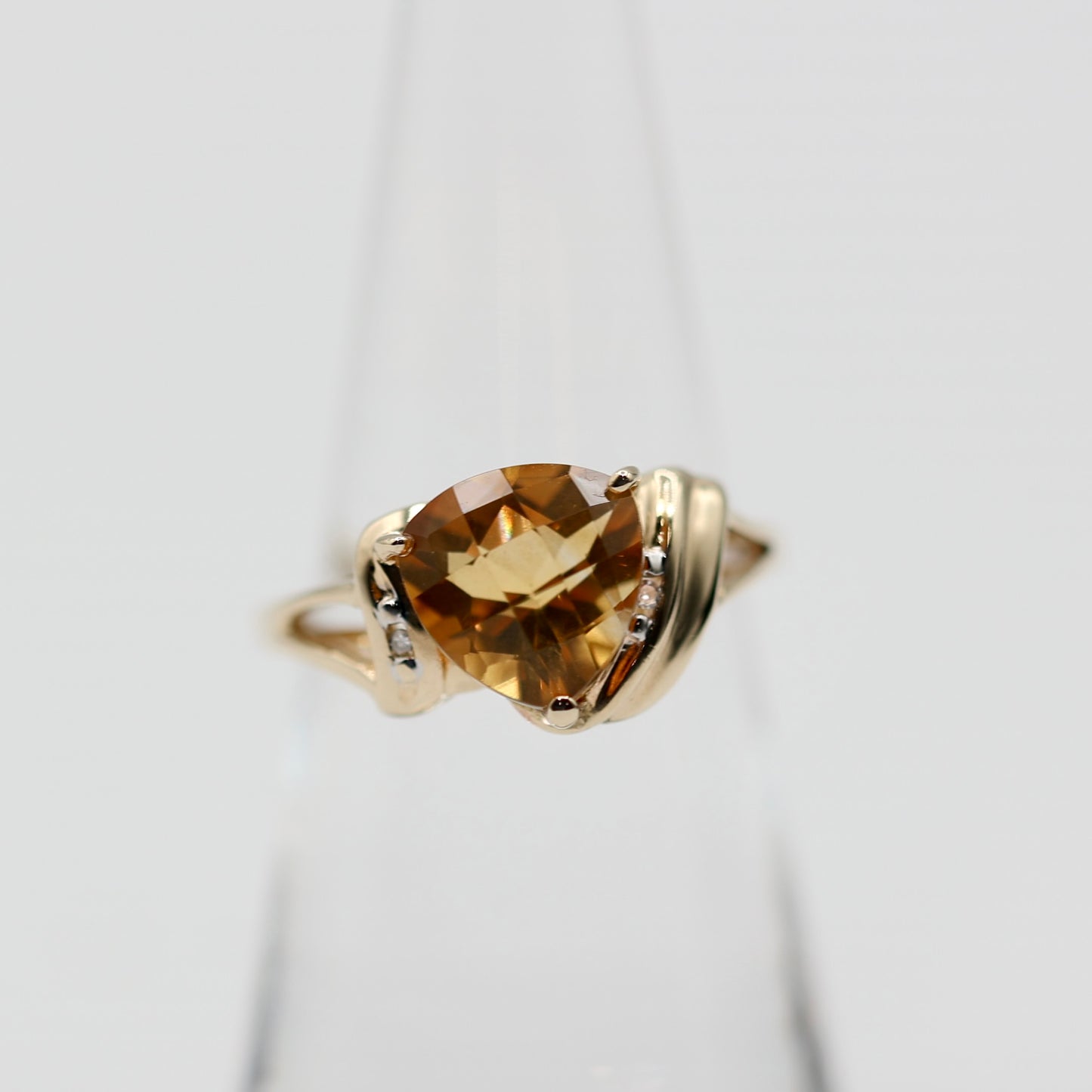 10k Yellow Gold Triangle Citrine with Moissanite Diamonds Ring - Size 6