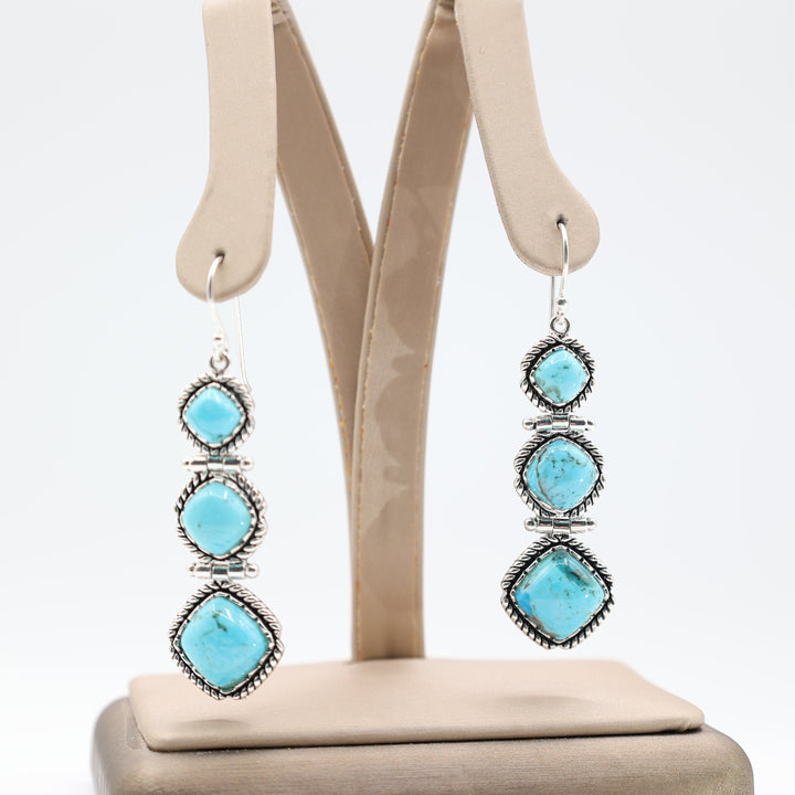 925 Sterling Silver Turquoise Triple Dangle Hook Earrings