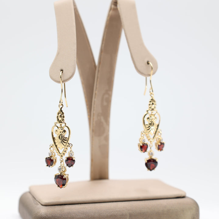 925 Sterling Silver Gold Plated Filigree Heart Earrings with Triple Garnet Dangle Hooks