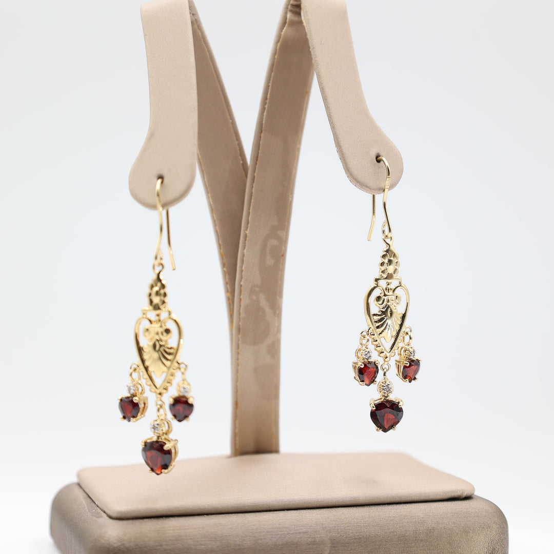 925 Sterling Silver Gold Plated Filigree Heart Earrings with Triple Garnet Dangle Hooks