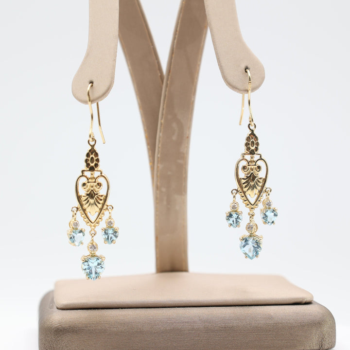 925 Sterling Silver Gold Plated Filigree Heart Renaissance Design Blue Sapphire Heart Dangle Earrings with Diamond Accents