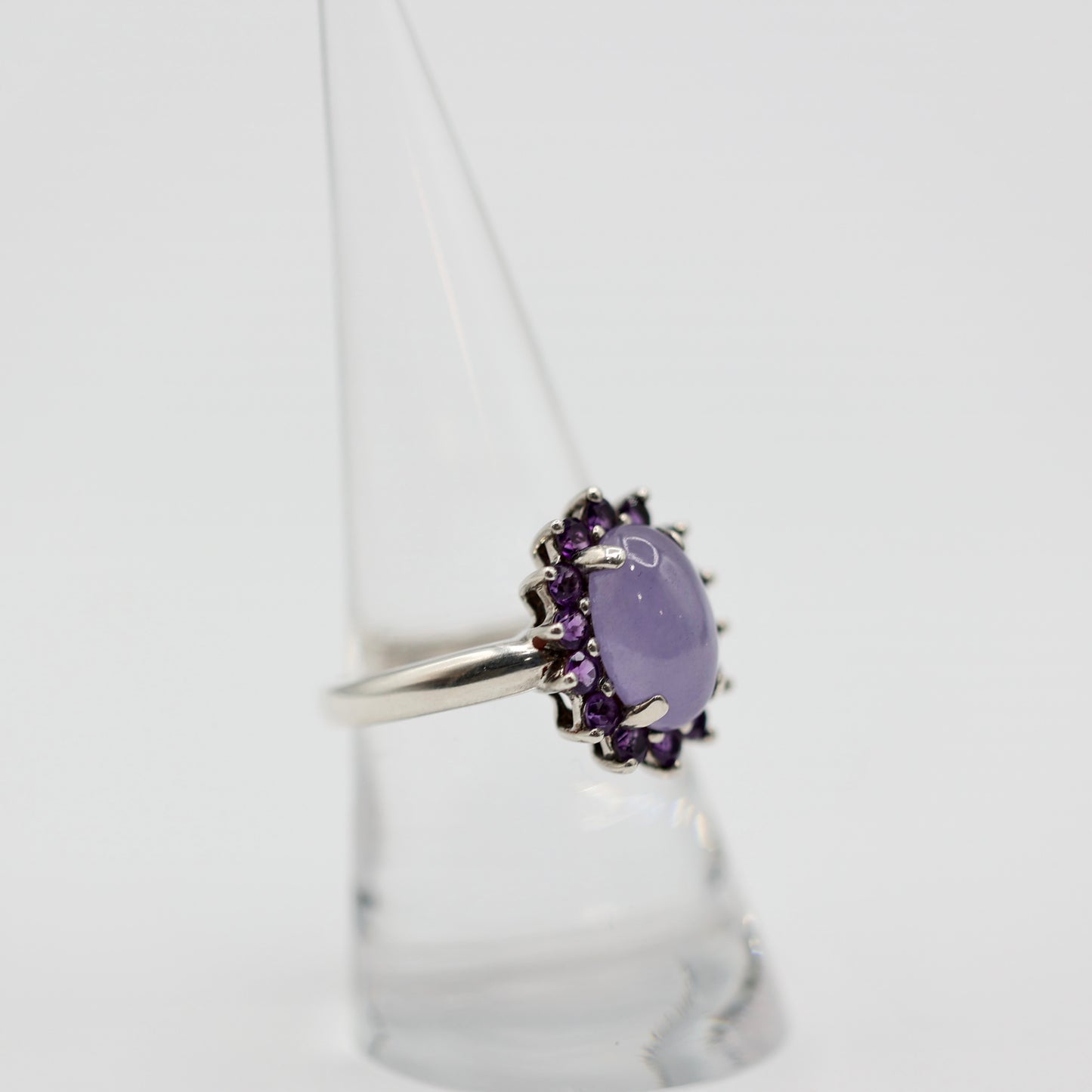 925 Sterling Silver Amethyst Cabochon Halo Ring - Size 8