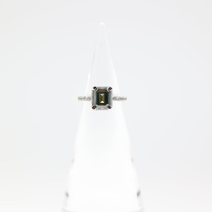 925 Sterling Silver Emerald Cut 10x8mm Moissanite Stone Ring with CZ Accents Size 7