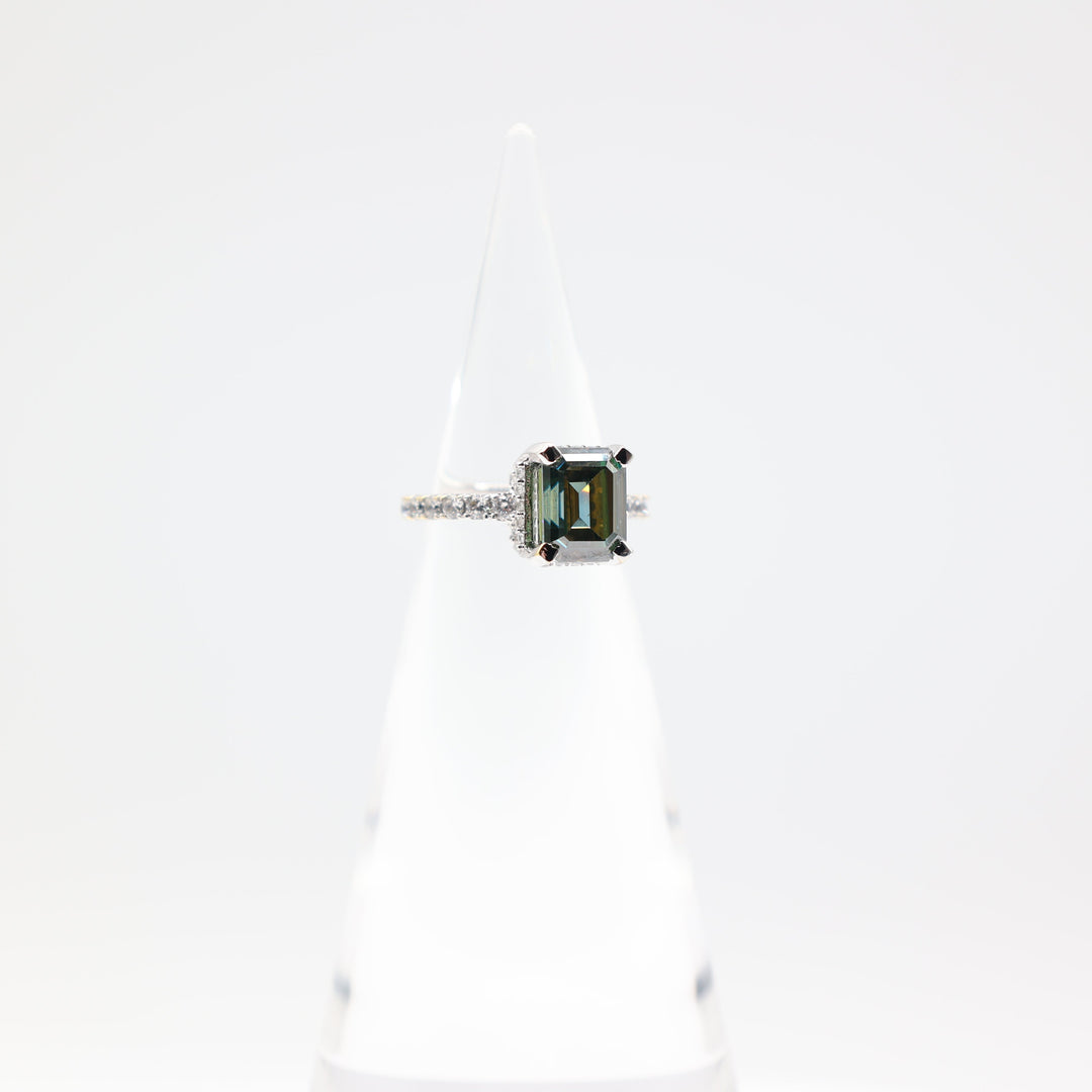 925 Sterling Silver Emerald Cut 10x8mm Moissanite Stone Ring with CZ Accents Size 7