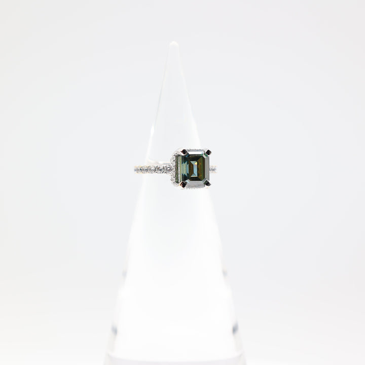 925 Sterling Silver Emerald Cut 10x8mm Moissanite Stone Ring with CZ Accents Size 7