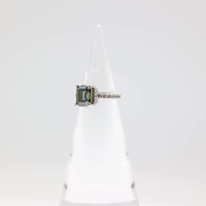 925 Sterling Silver Emerald Cut 10x8mm Moissanite Stone Ring with CZ Accents Size 7