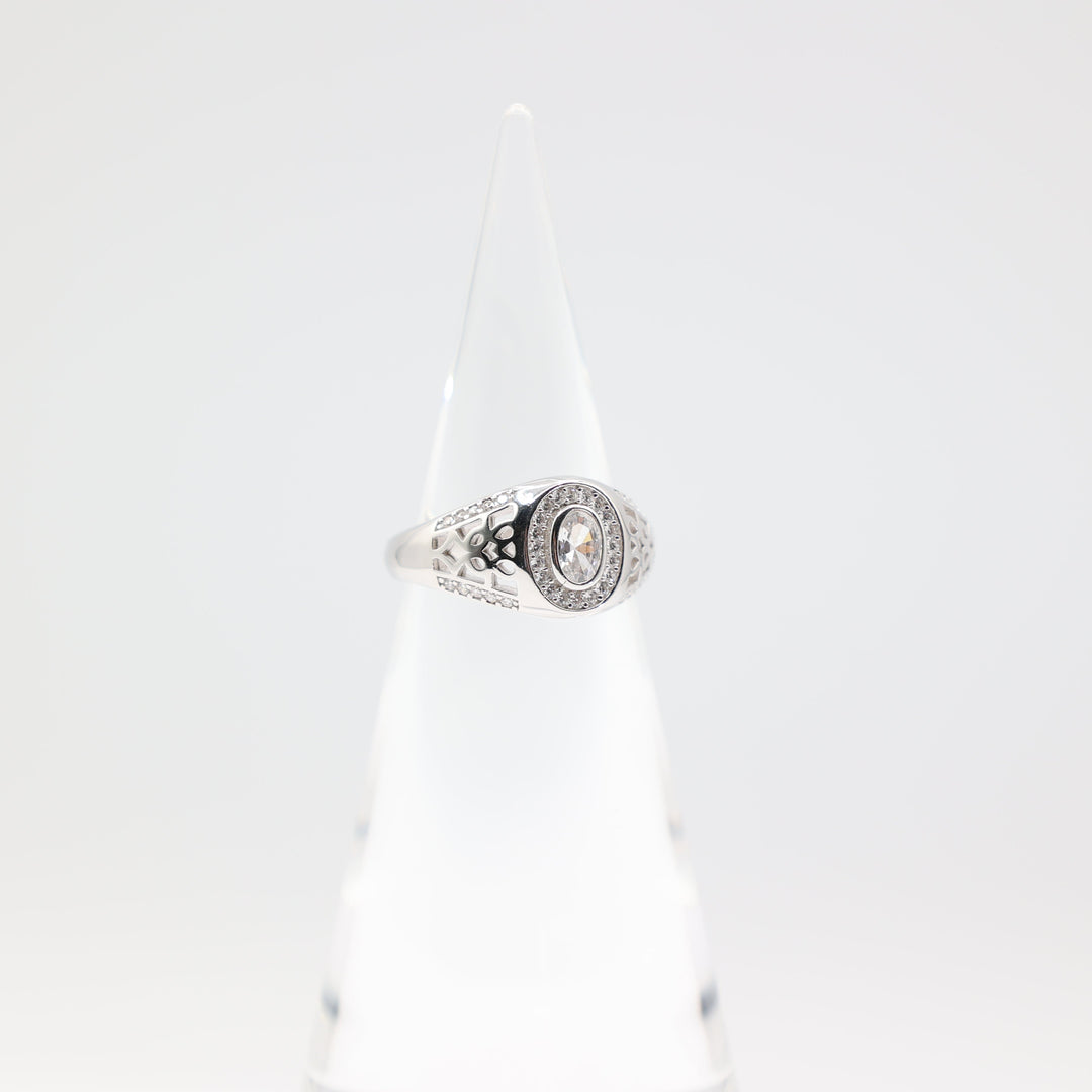 925 Sterling Silver 7x5mm Oval Stone and CZ Halo Ring Size 9.5