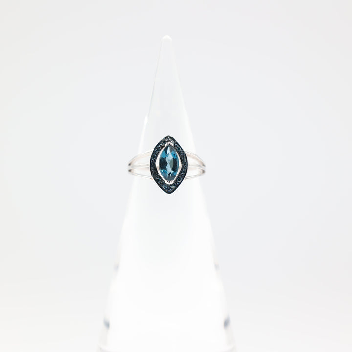 925 Sterling Silver Double Open Band Marquise Cut Blue Spinel Diamond Halo Ring Size 7.5