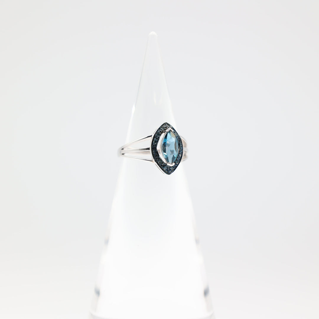 925 Sterling Silver Double Open Band Marquise Cut Blue Spinel Diamond Halo Ring Size 7.5