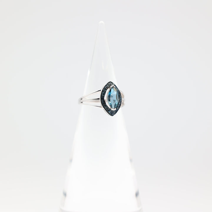 925 Sterling Silver Double Open Band Marquise Cut Blue Spinel Diamond Halo Ring Size 7.5