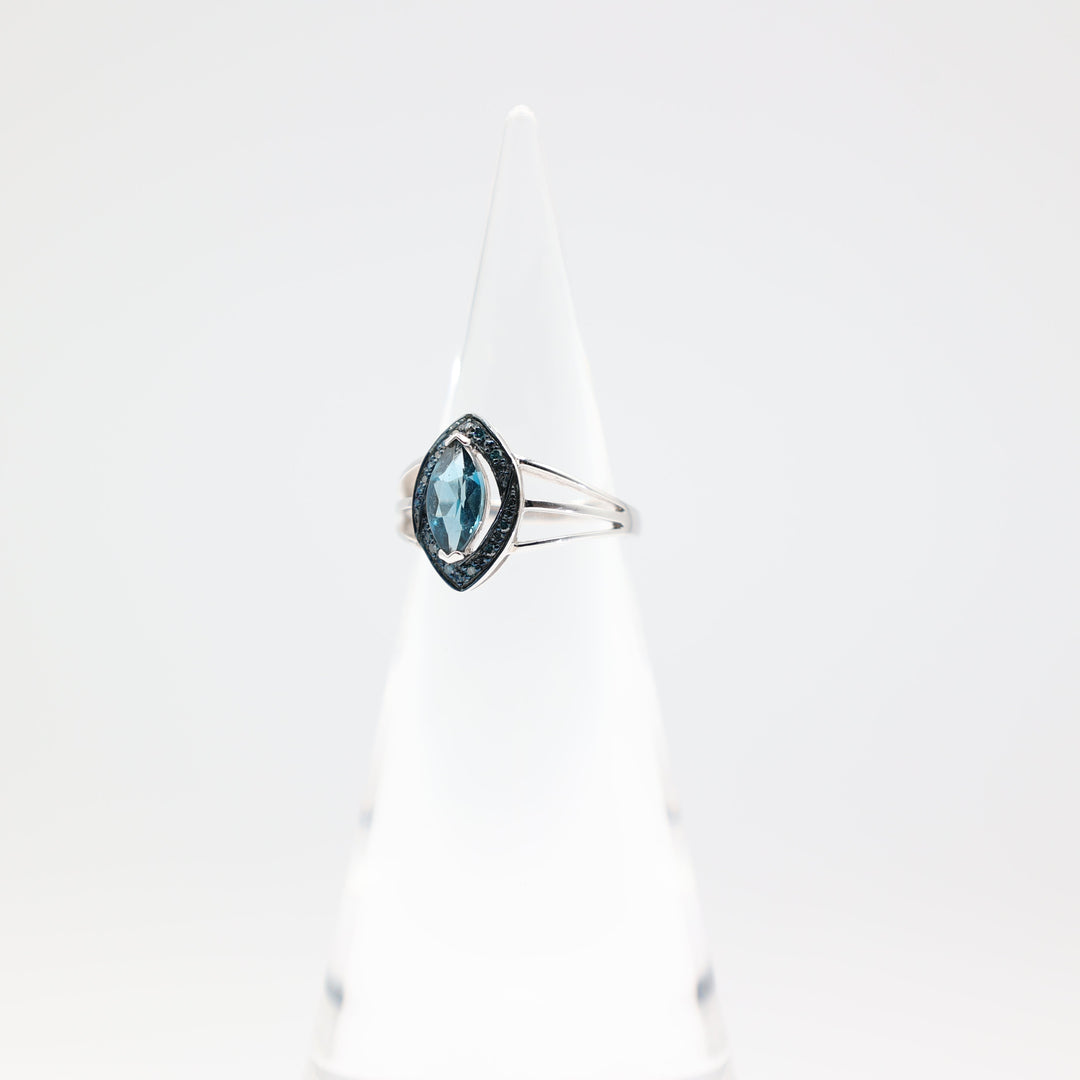 925 Sterling Silver Double Open Band Marquise Cut Blue Spinel Diamond Halo Ring Size 7.5