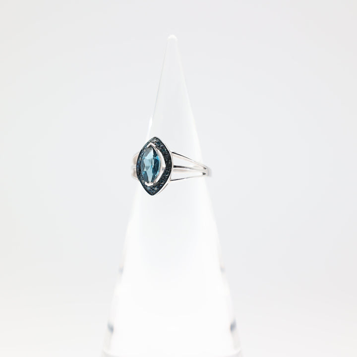 925 Sterling Silver Double Open Band Marquise Cut Blue Spinel Diamond Halo Ring Size 7.5
