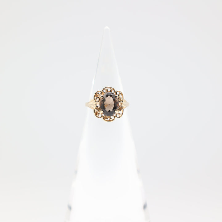 10k Yellow Gold Round Filigree Smokey Quartz Ring Size 6.5