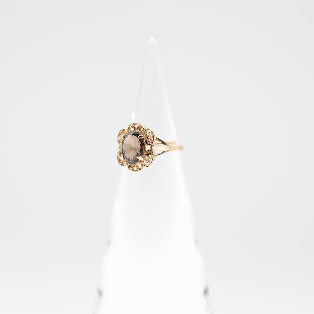 10k Yellow Gold Round Filigree Smokey Quartz Ring Size 6.5