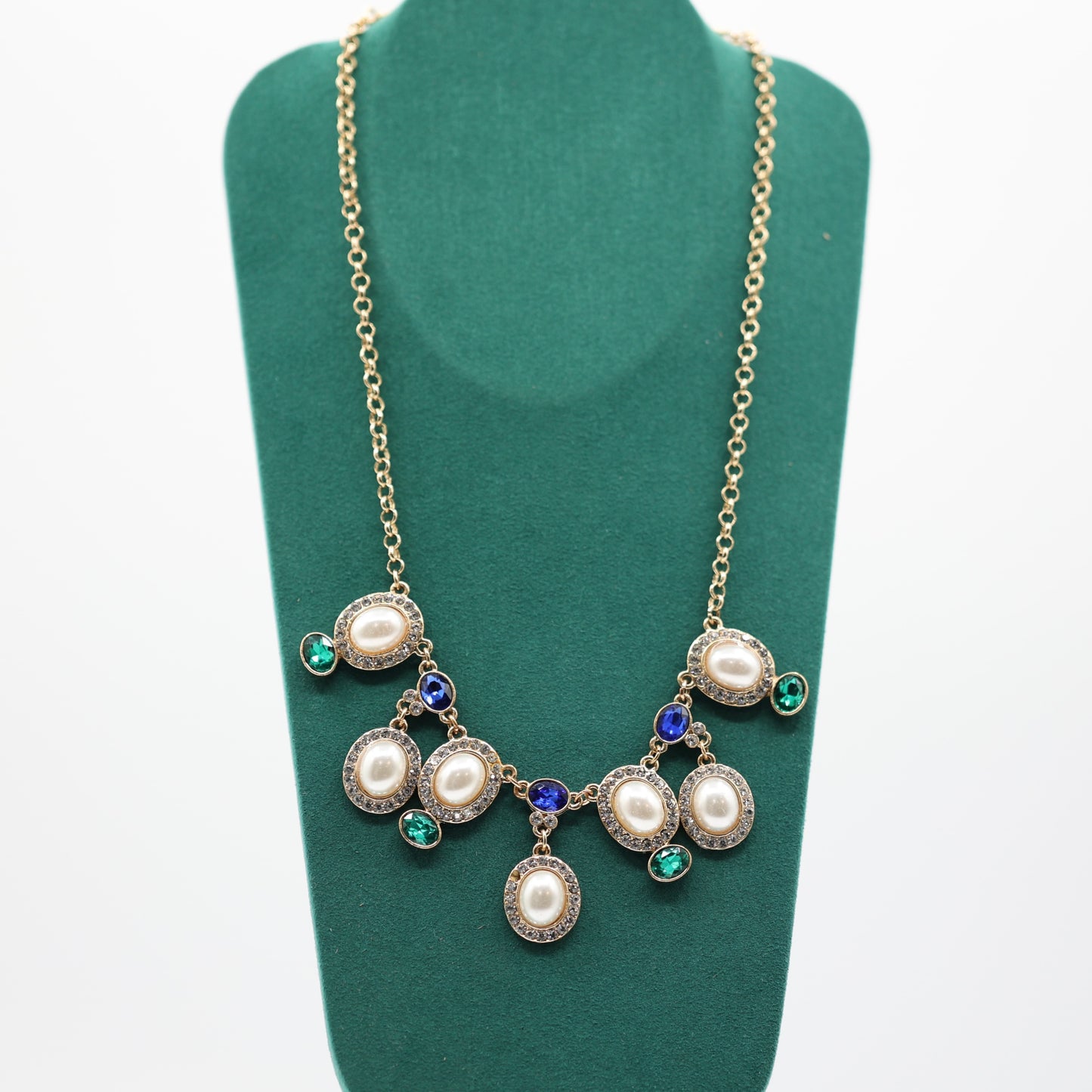 Gold Tone Givenchy Necklace with Pearls and Green and Blue Stones - 20 inches