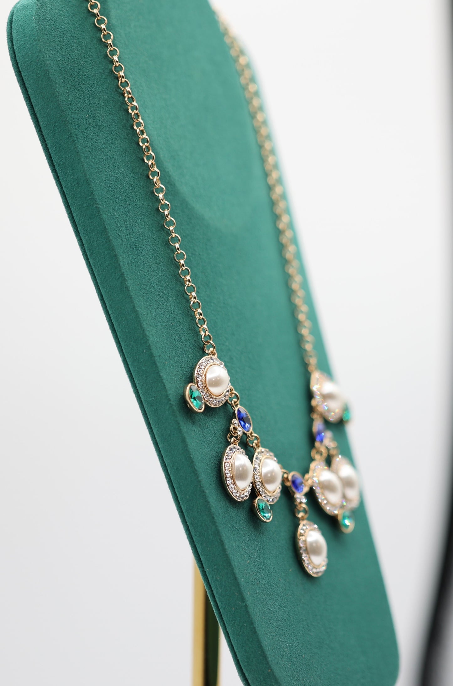 Gold Tone Givenchy Necklace with Pearls and Green and Blue Stones - 20 inches