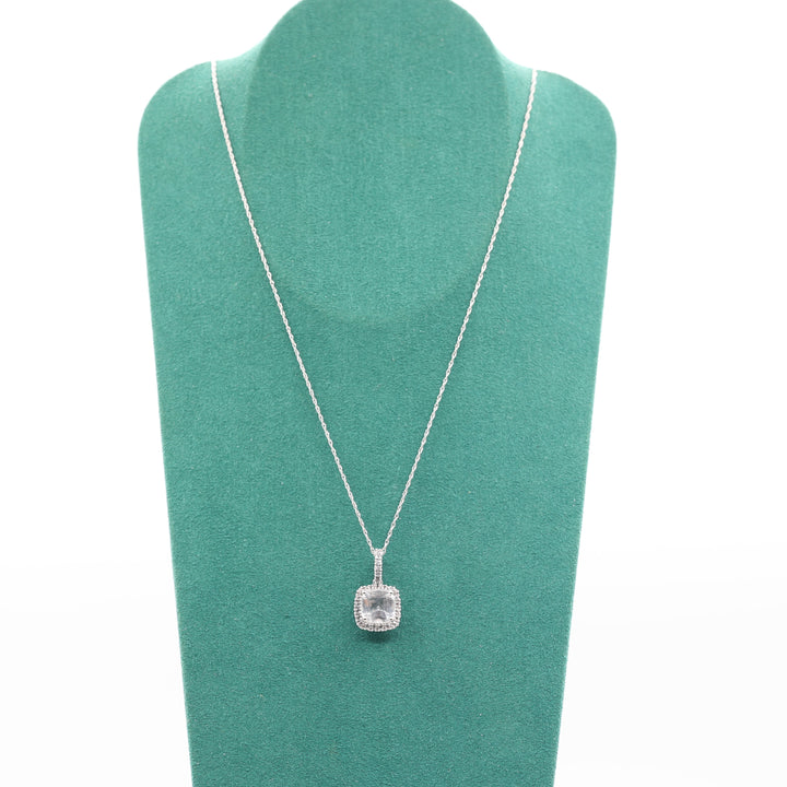 14k White Gold Square Halo White CZ Pendant Necklace 18 in