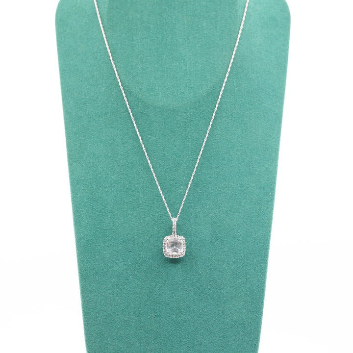 14k White Gold Square Halo White CZ Pendant Necklace 18 in