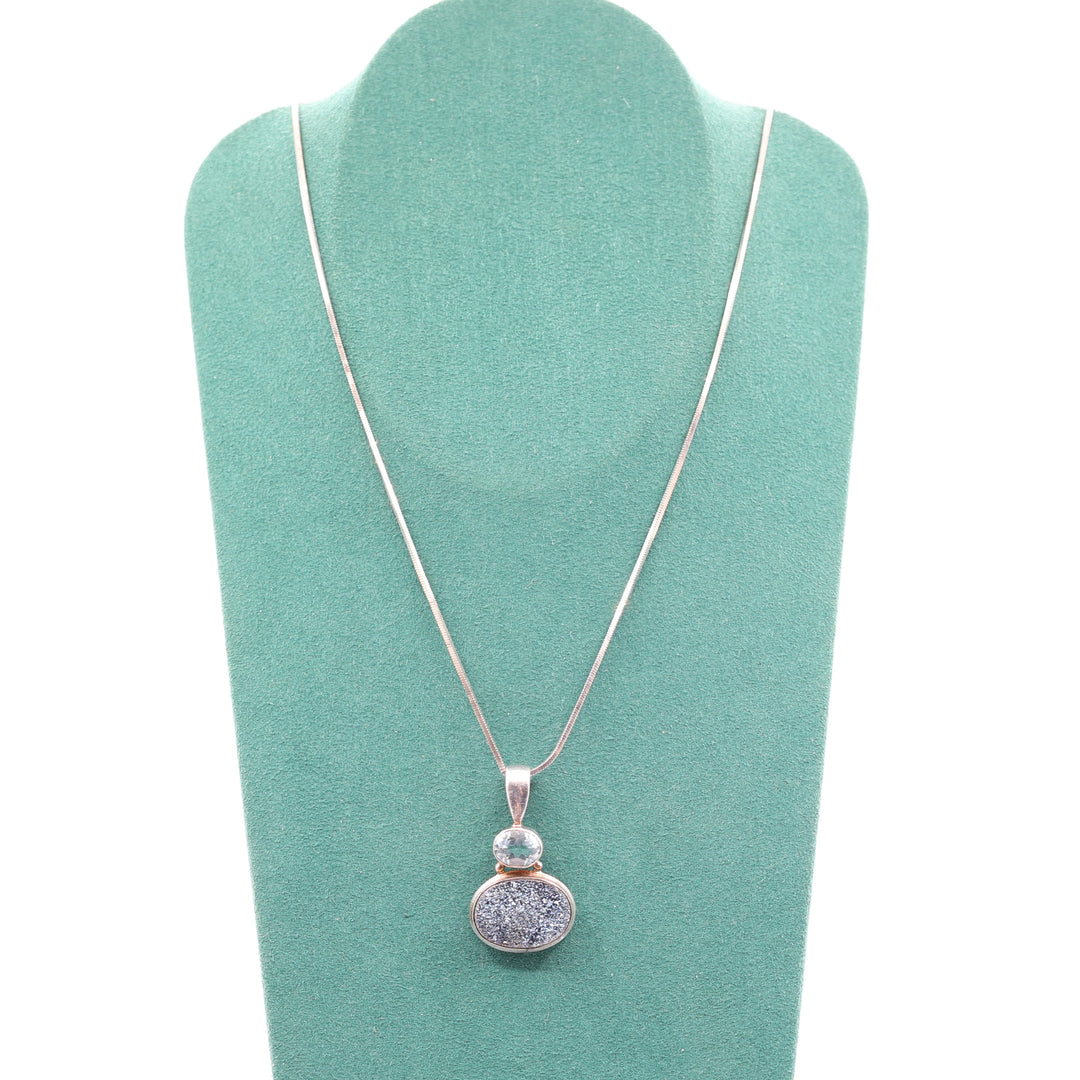 925 Sterling Silver 20 Inch Chain Necklace with Blue Druzy Stone