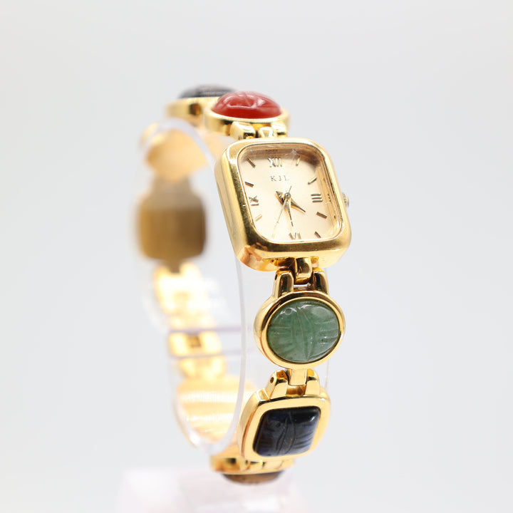 Kenneth Jay Lane KJL Women's Egyptian Scarab Multicolored Beetle Gemstones Gold Tone Watch