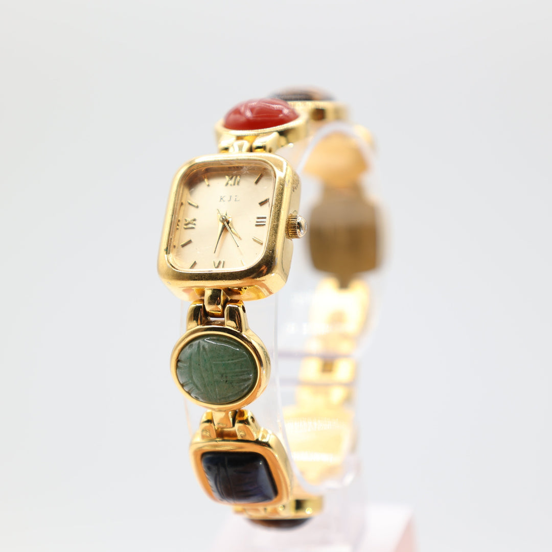 Kenneth Jay Lane KJL Women's Egyptian Scarab Multicolored Beetle Gemstones Gold Tone Watch