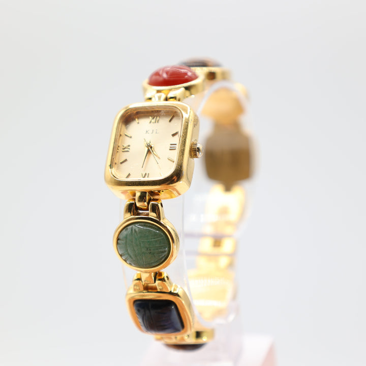 Kenneth Jay Lane KJL Women's Egyptian Scarab Multicolored Beetle Gemstones Gold Tone Watch