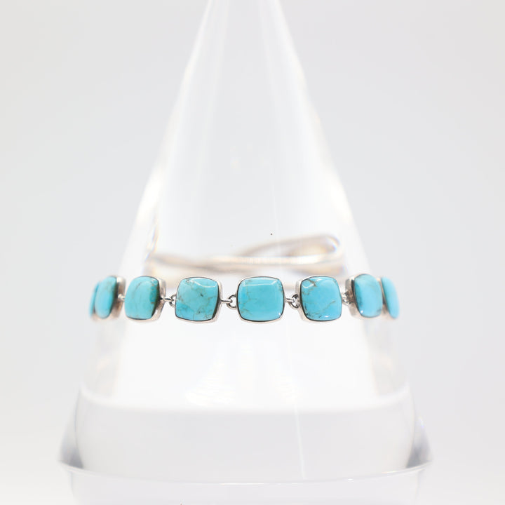 925 Sterling Silver Square Turquoise Stone Linked Bracelet