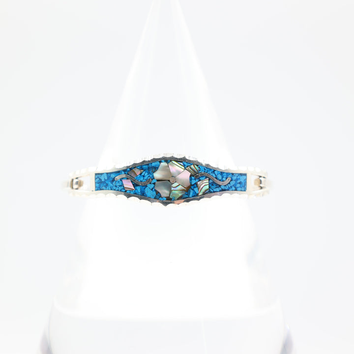925 Silver Blue Mother of Pearl Shell Inlay Floral Plated Bracelet