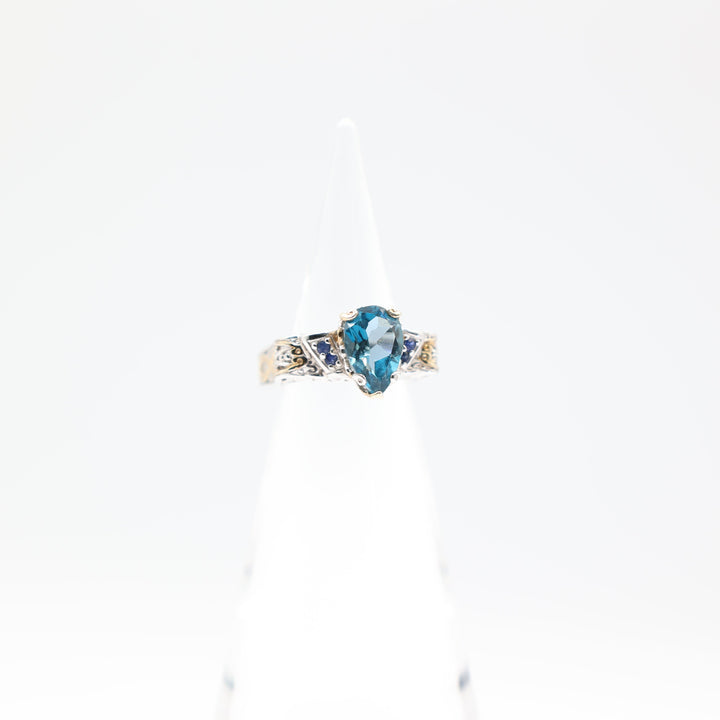 925 Sterling Silver with Gold Accents Square Filigree Band with Pear Shaped Blue Topaz Stone and Blue Sapphire Accents Ring Size 7