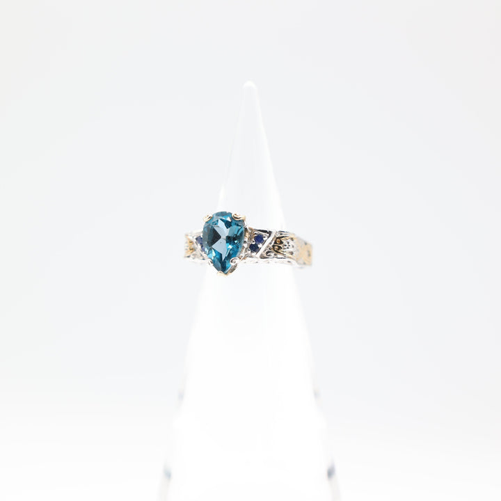 925 Sterling Silver with Gold Accents Square Filigree Band with Pear Shaped Blue Topaz Stone and Blue Sapphire Accents Ring Size 7