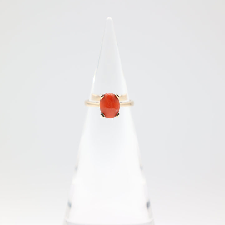 14k Yellow Gold 10x8mm Oval Coral Stone Ring Size 7