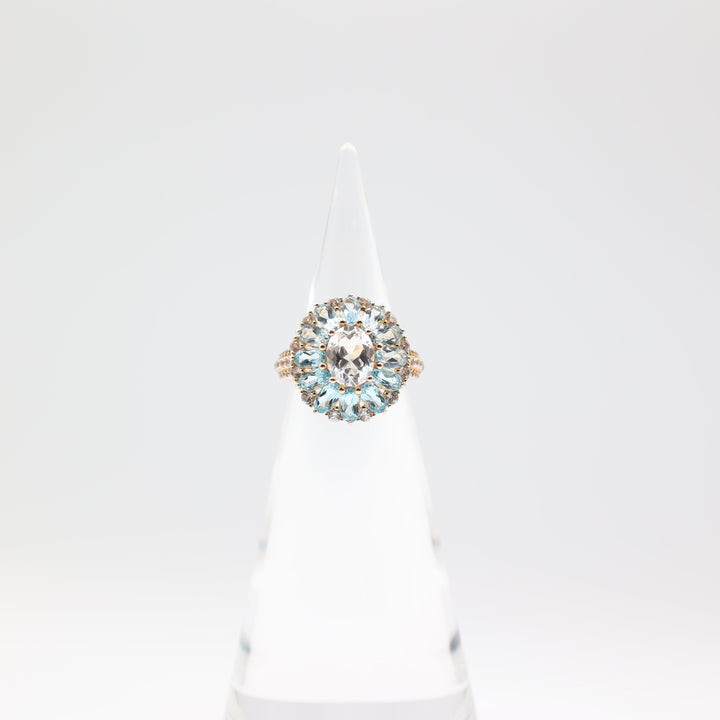 925 Yellow Gold Toned Marquise Blue Topaz Flower Petals with White Topaz Oval Stone and Accents Ring - Size 7