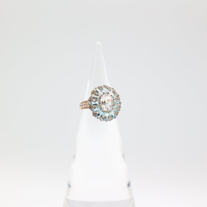 925 Yellow Gold Toned Marquise Blue Topaz Flower Petals with White Topaz Oval Stone and Accents Ring - Size 7
