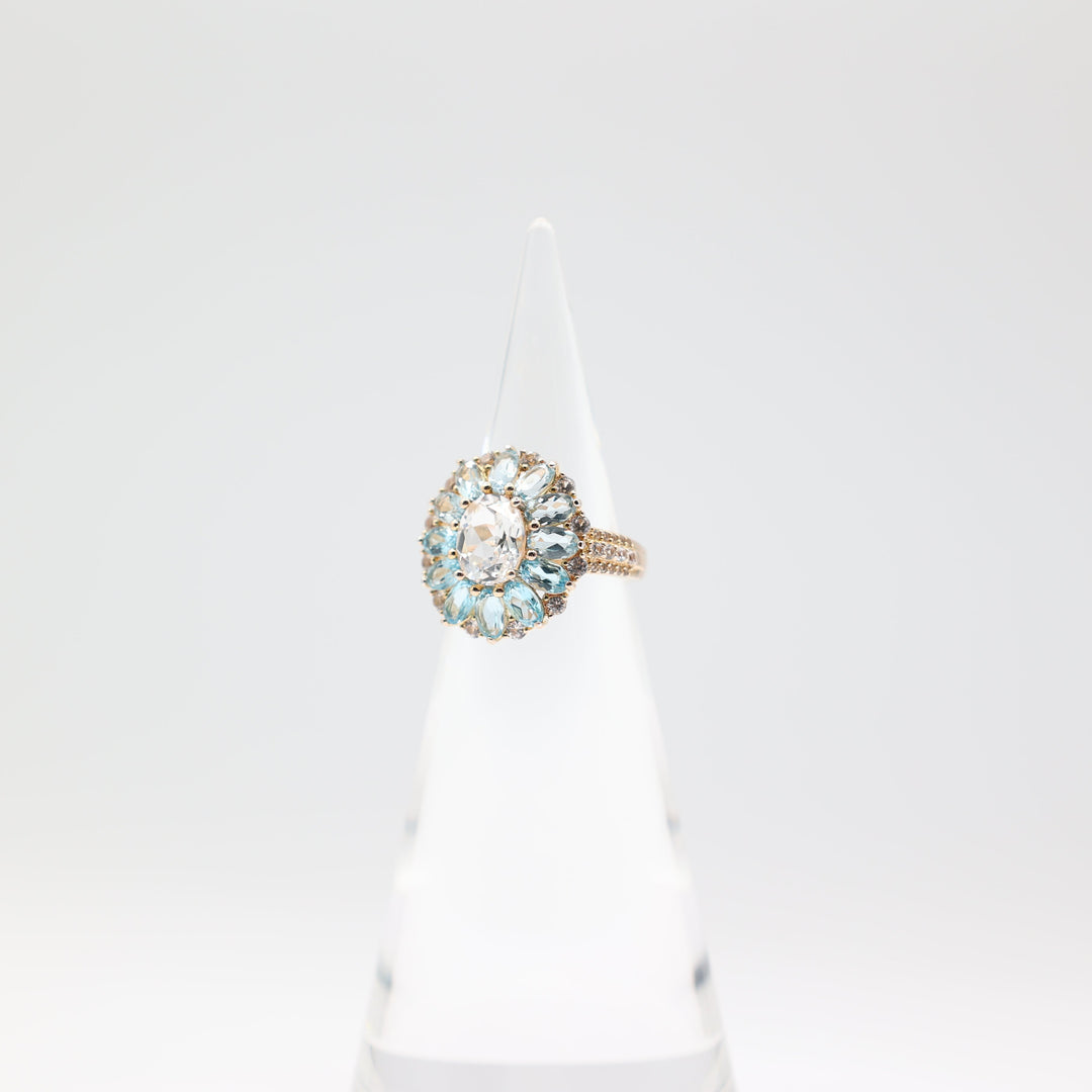 925 Yellow Gold Toned Marquise Blue Topaz Flower Petals with White Topaz Oval Stone and Accents Ring - Size 7