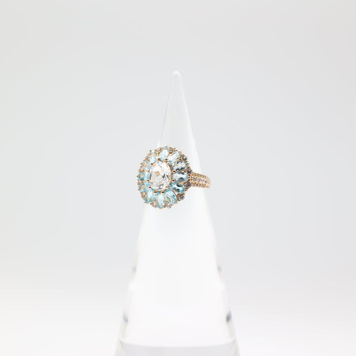 925 Yellow Gold Toned Marquise Blue Topaz Flower Petals with White Topaz Oval Stone and Accents Ring - Size 7