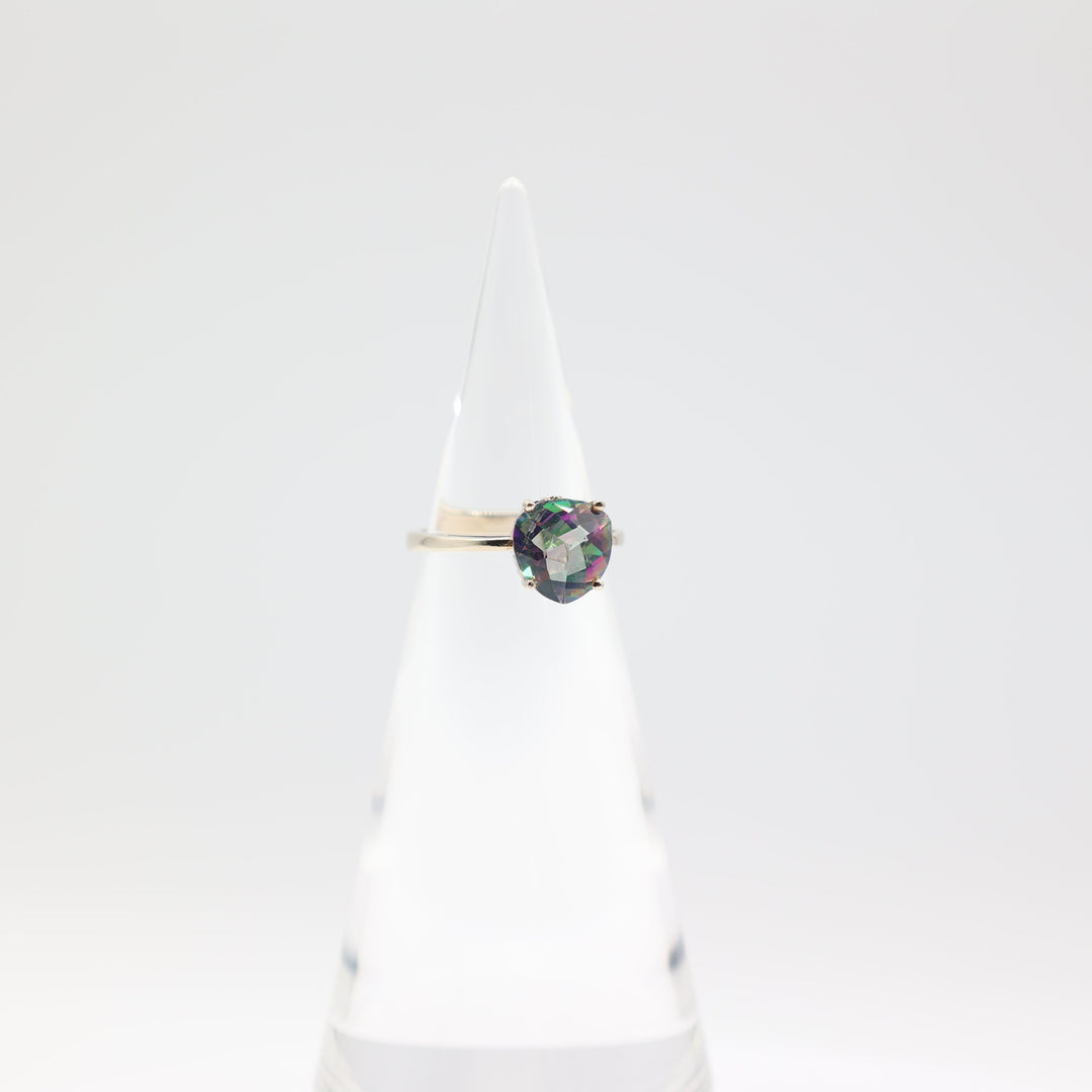 14k Gold Band Ring with 10mm x 10mm Mystic Topaz Stone Size 8