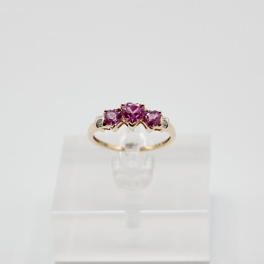 10k Yellow Gold Pink Ruby and Diamond Ring - Size 7