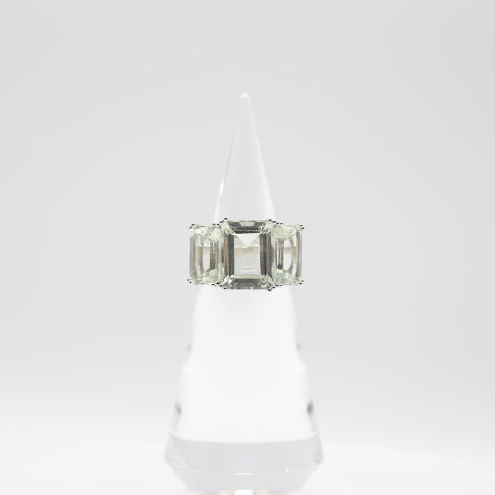 925 Sterling Silver Triple Green Prasiolite Stone Ring Size 10
